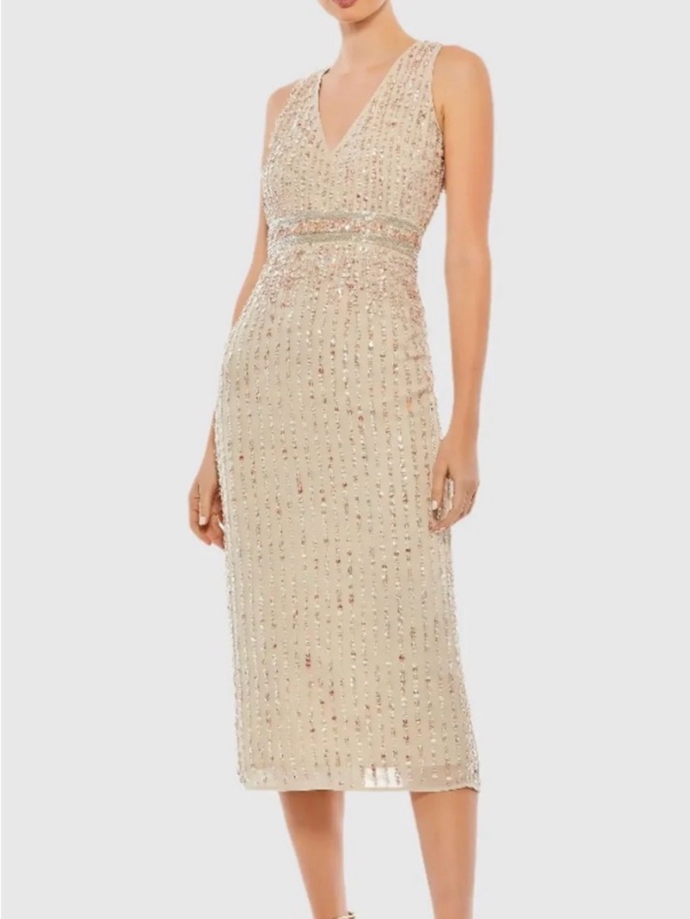Mac Duggal Champagne Sequin V-Neck Midi Dress